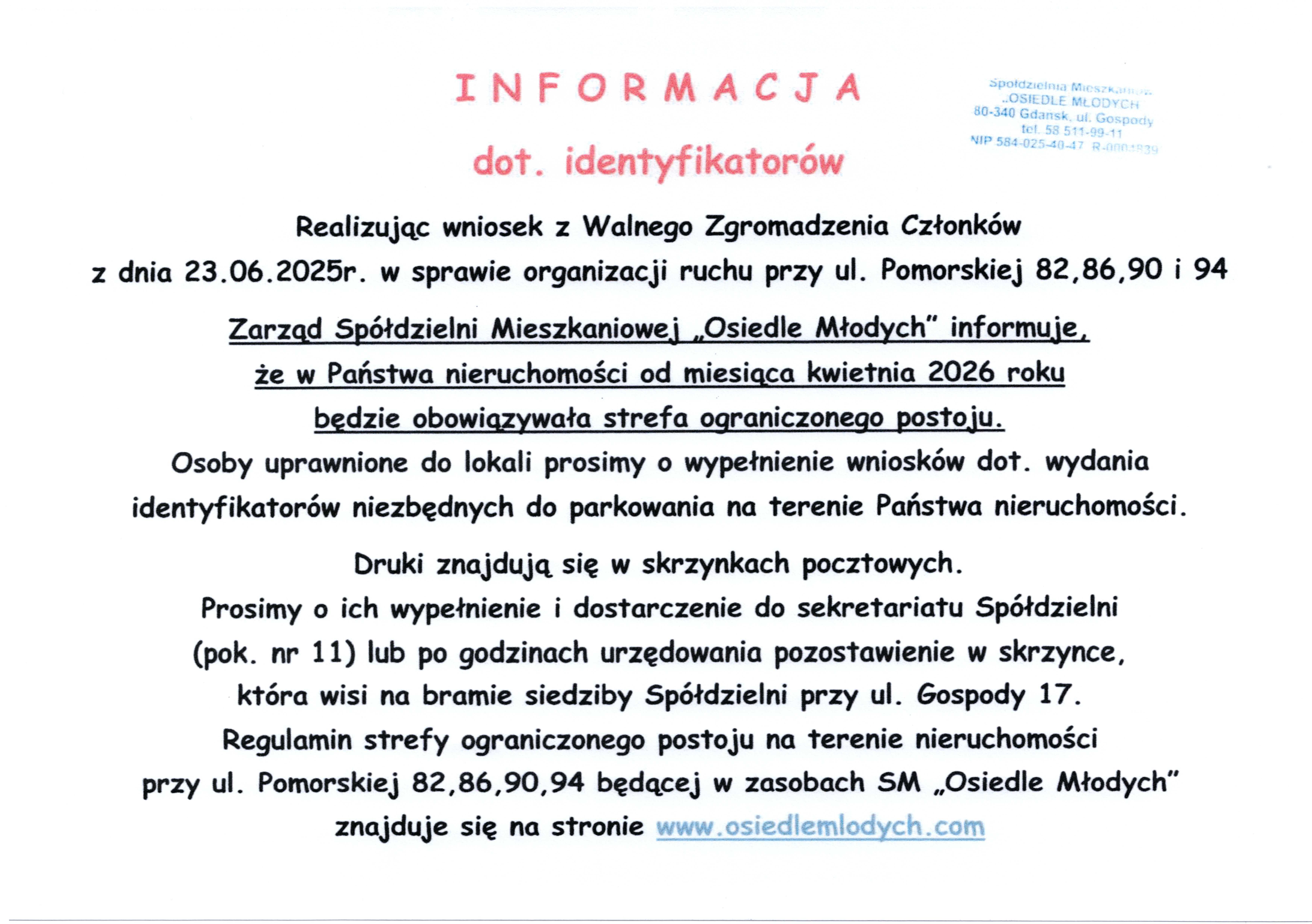 Informacja dot. identyfikatorów w sprawie organizacji ruchu przy ul. Pomorskiej 82, 86, 90 i 94.jpg